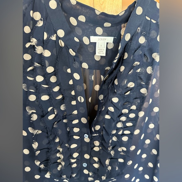 EUC // JCrew // 100% Silk tuxedo blouse // navy/brown polka dot  // 8 - Picture 3 of 5